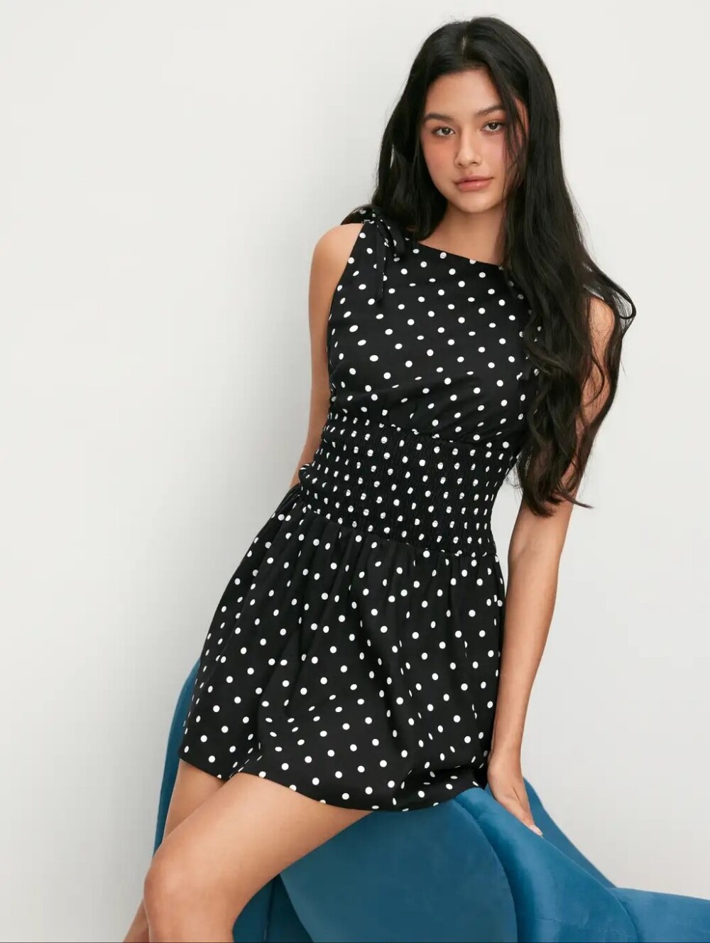 Cider Black And White Polka Dot Mini Dress Shirred Smocked Fit And Flare Linen B